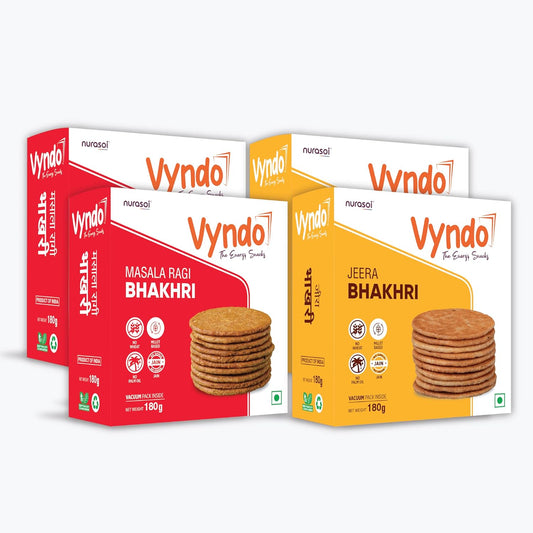 Vyndo Jain Bhakhri Combo - 180 gm each (Jeera Bhakhri Pack 2 + Masala Raagi Bhakhri Pack 2), Millet Snacks | Healthy Snacks, Gluten free, No Garlic, No Onion