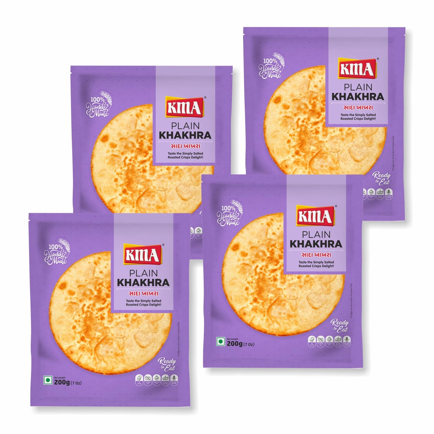 KMA Roasted Plain Khakhra 200 grams - Handmade Fresh Jain Gujarati Khakhra (Plain Salted Flavor), Ready to Eat Indian Snacks, 100% Natural Whole Wheat Snack without Maida, Vacuum Packed for Freshness