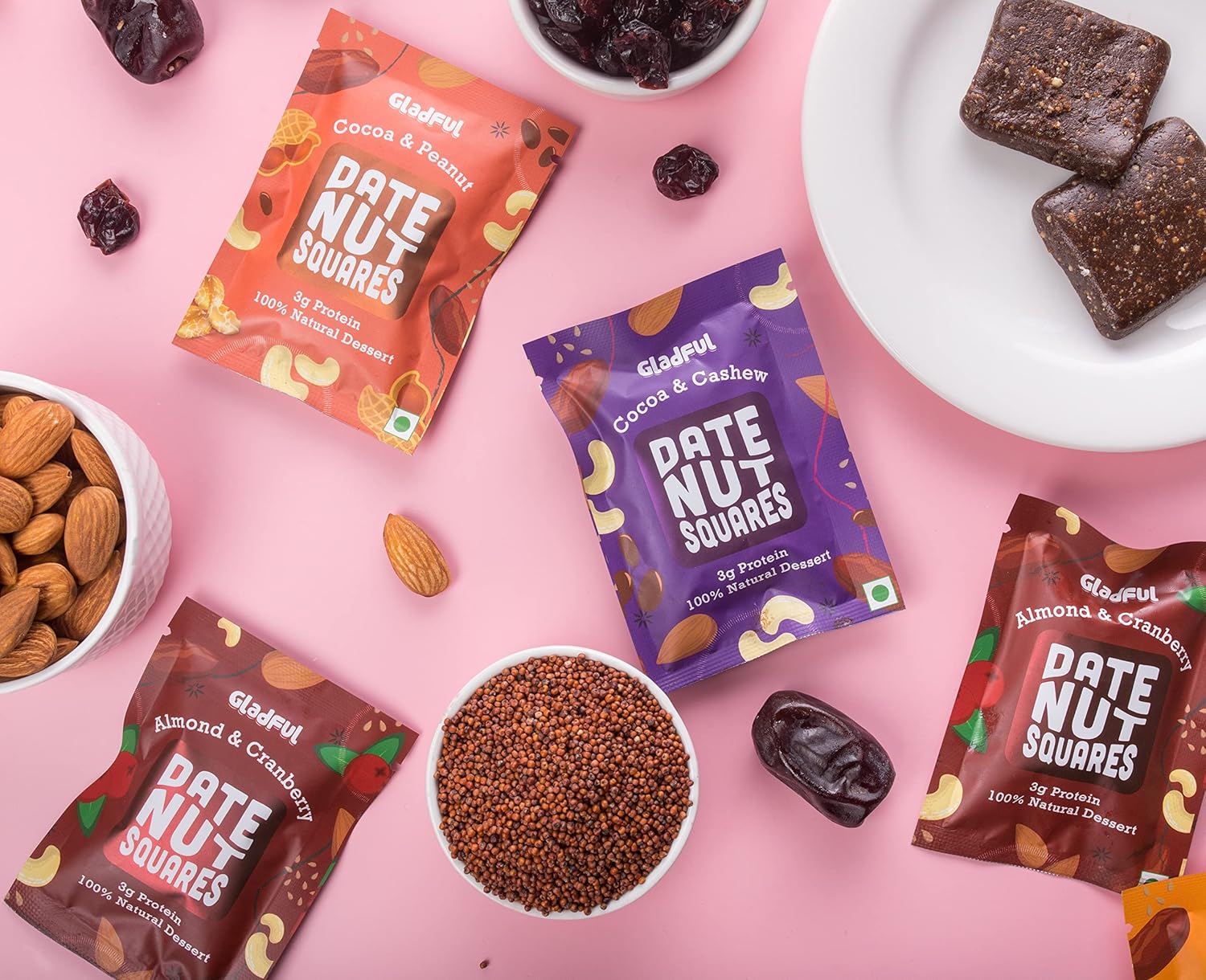 Gladful Assorted Pack Of Date Nut Square - A Healthy, Sugar-Free, Dates And Dry Fruits Based Dessert Bites/ Barfi/Chakki For Kids And Families | High In Protein Source Of Instant Energy (20Gram X 8)
