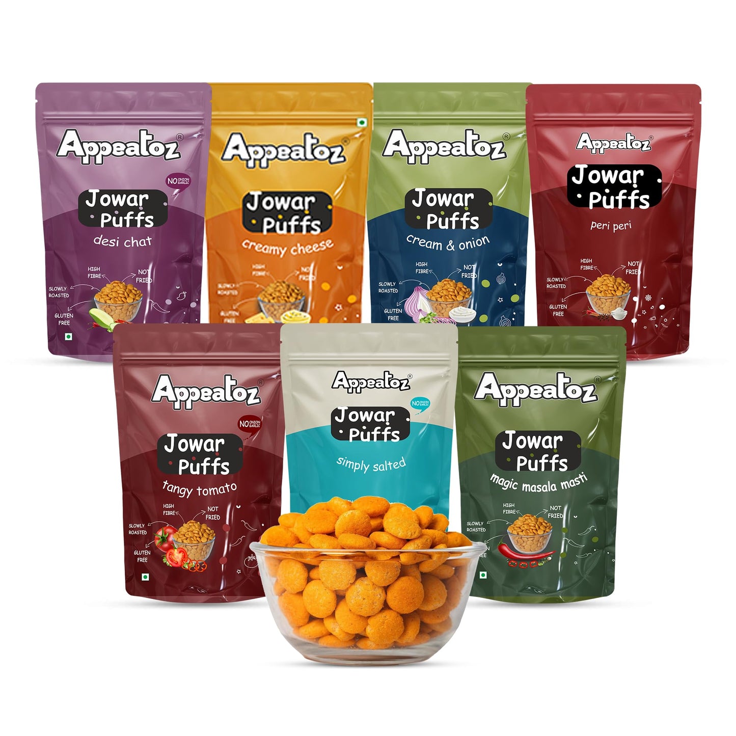 Appeatoz Jowar Puffs - Magic Masala | Roasted, Not Fried | Gluten-Free & High Protein | No Added Sugar | Healthy Baked Snack for Kids & Adults | Sorghum-Based | Crunchy Snack | Pack of 5