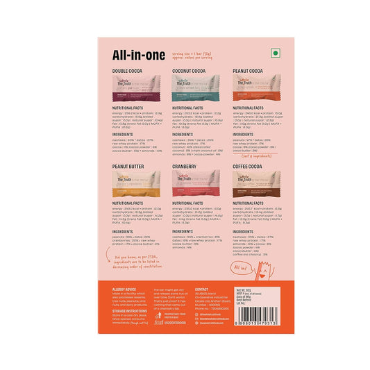 The Whole Truth - Protein Bars | All-in-One | Pack of 6 x 52 g each | No Added Sugar | No Preservatives | No Artificial Sweeteners | No Gluten or Soy | All Natural Ingredients | Six Different Flavours