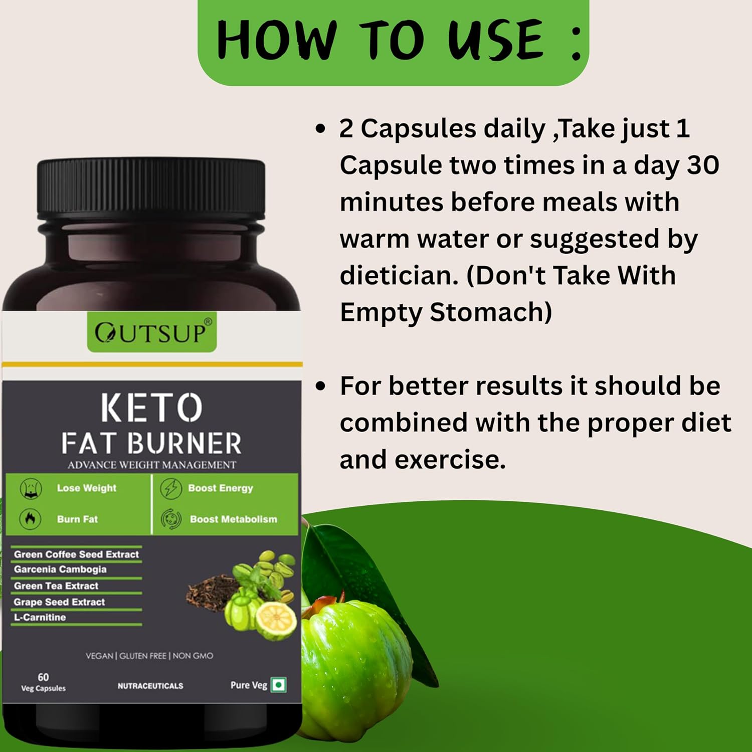 Outsup Keto Fat Burner 60 Caps 1000MG, Weight Loss Supplement for Women & Men With Garcinia Cambogia, Green Coffee Beans,Green Tea Extract & L-Carnitine | Metabolism Booster, Fat Burner - Pack of 1