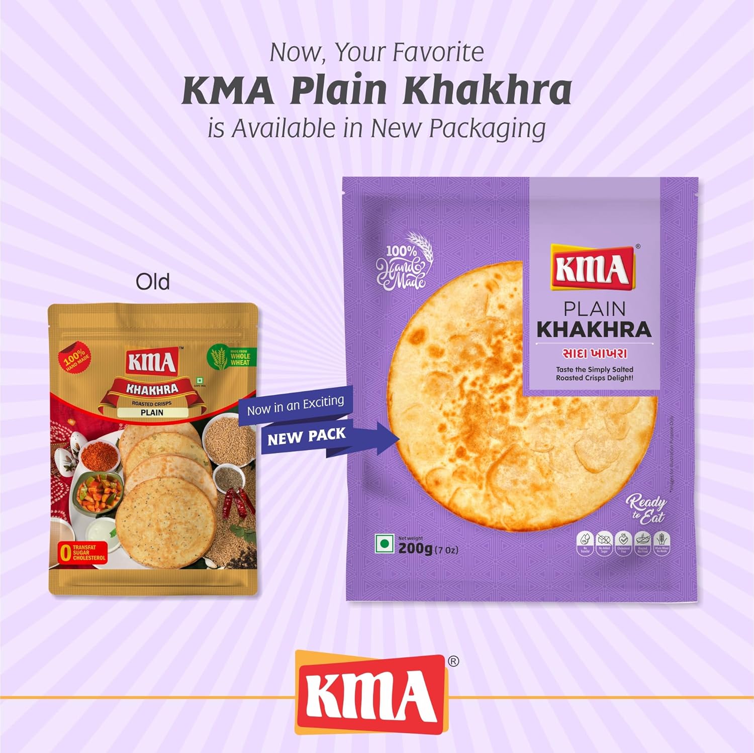 KMA Roasted Plain Khakhra 200 grams - Handmade Fresh Jain Gujarati Khakhra (Plain Salted Flavor), Ready to Eat Indian Snacks, 100% Natural Whole Wheat Snack without Maida, Vacuum Packed for Freshness