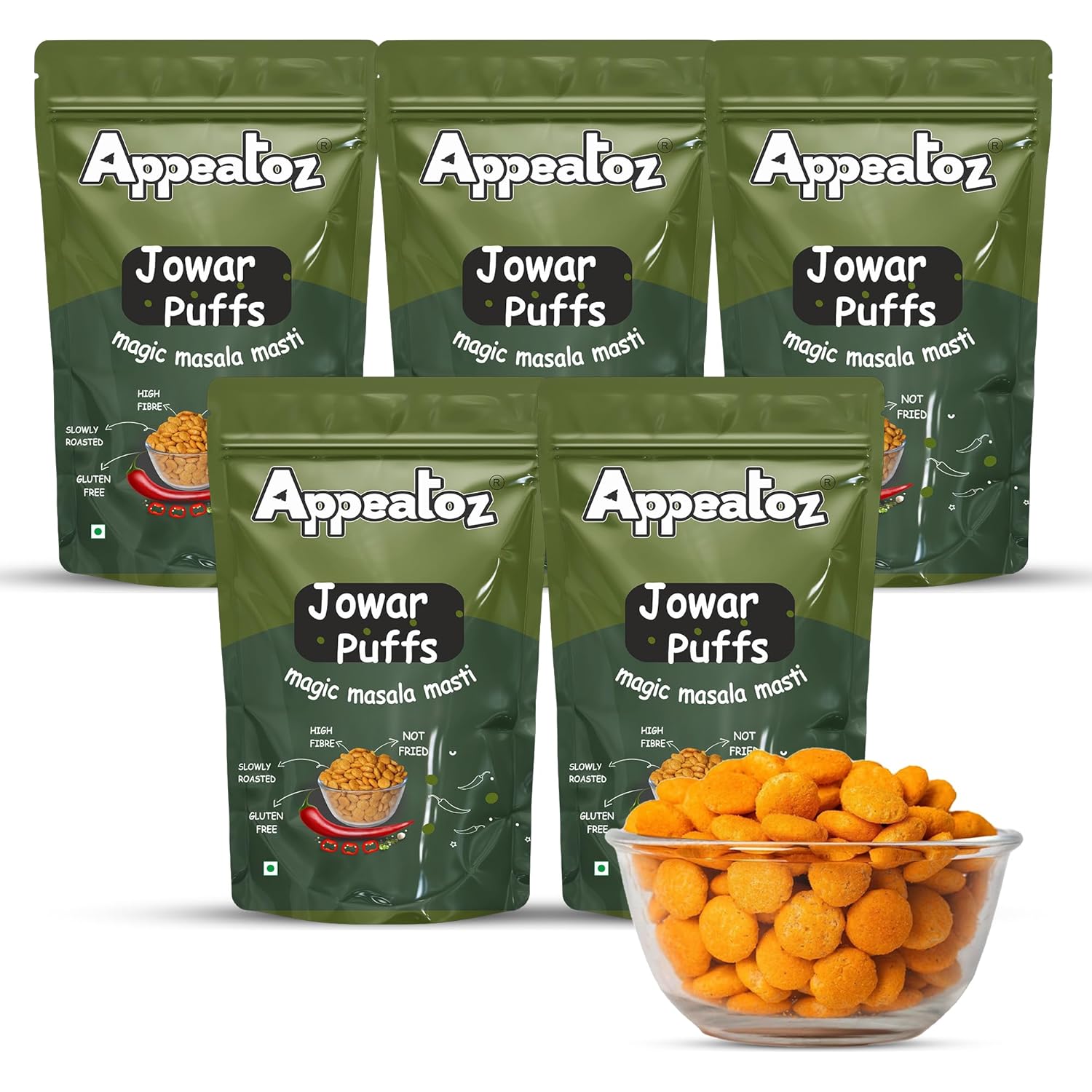 Appeatoz Jowar Puffs - Magic Masala | Roasted, Not Fried | Gluten-Free & High Protein | No Added Sugar | Healthy Baked Snack for Kids & Adults | Sorghum-Based | Crunchy Snack | Pack of 5
