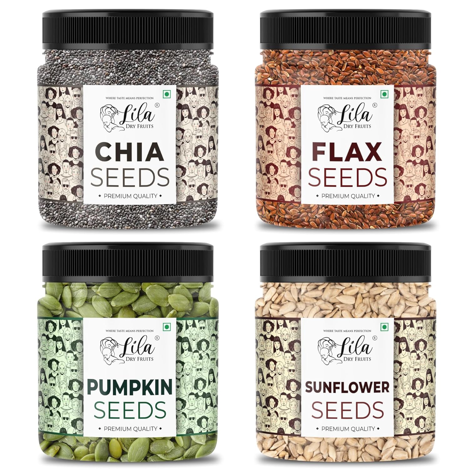 LILA DRY FRUITS 4 Superseed Combo (Chia, Pumpkin, Sunflower & Flax) 250gms each (1kg total) Jar Pack |Immunity combo for Weight Loss | Mix Seeds for Eating | Diet Snacks | Superfood