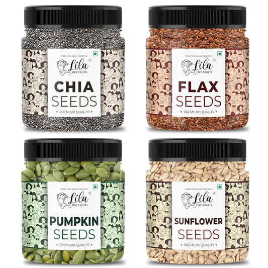 LILA DRY FRUITS 4 Superseed Combo (Chia, Pumpkin, Sunflower & Flax) 250gms each (1kg total) Jar Pack |Immunity combo for Weight Loss | Mix Seeds for Eating | Diet Snacks | Superfood