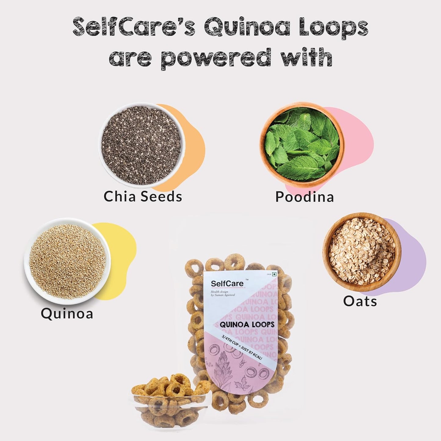 SelfCare By Suman Agarwal Quinoa Loops Pack of 1 100g | Healthy & Non Fried | Savoury - Snacks - Namkeen - Grocery | Spicy Crunchy & Chatpata - Tea time Snacking | Diabetic Jain & Travel Friendly