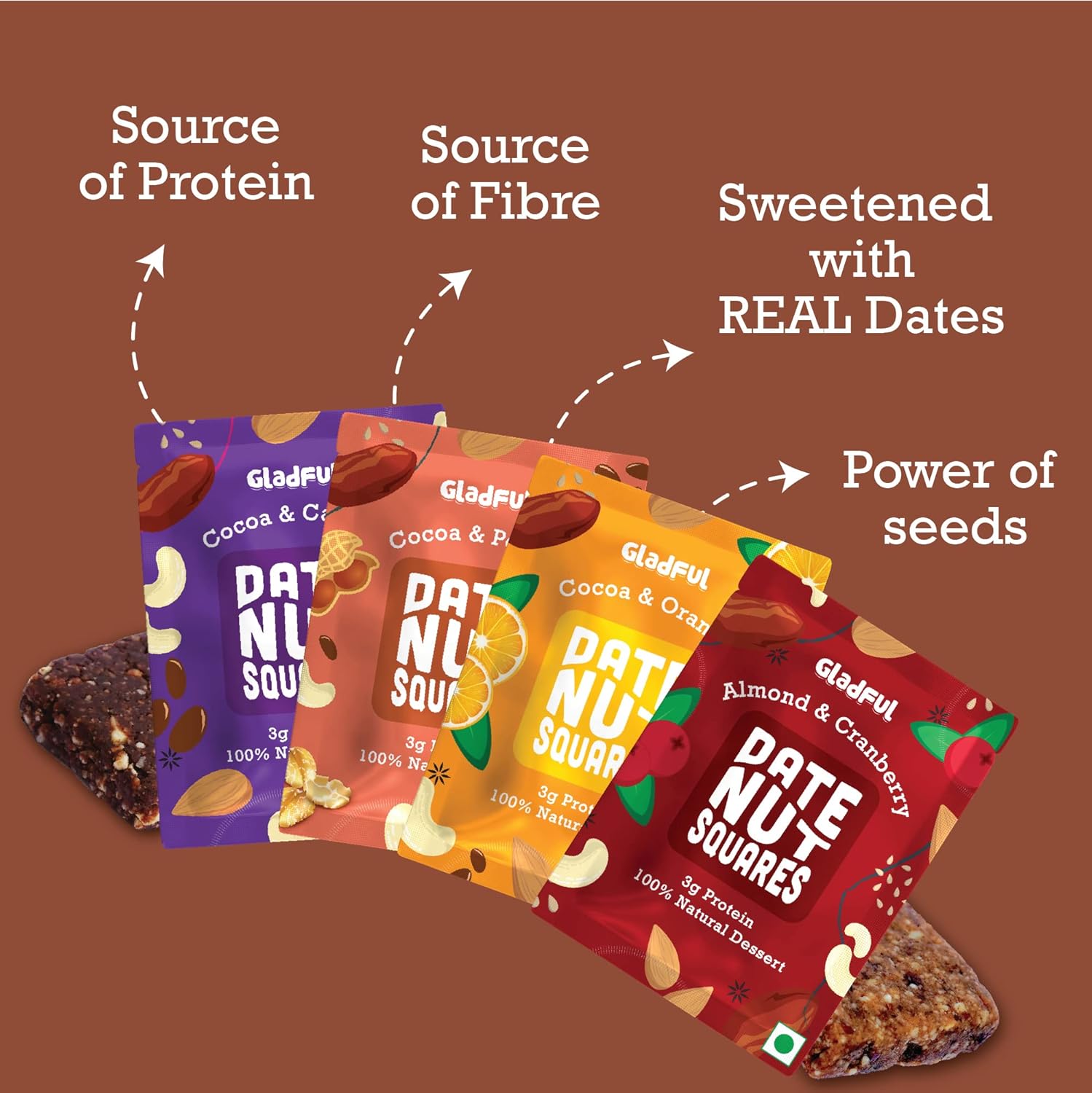 Gladful Assorted Pack Of Date Nut Square - A Healthy, Sugar-Free, Dates And Dry Fruits Based Dessert Bites/ Barfi/Chakki For Kids And Families | High In Protein Source Of Instant Energy (20Gram X 8)