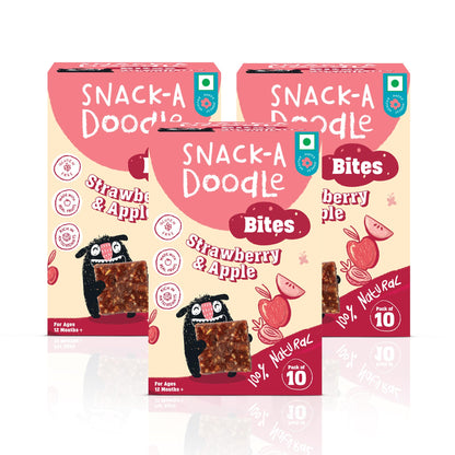 Snack-a-Doodle Strawberry Apple Bites | Nutritious Healthy Snacks for Kids | No Added Sugar | Sweetened with Fruits | Vegan & Gluten-Free | Perfect for Tiffin, Evening Snacks & Travel | 150g
