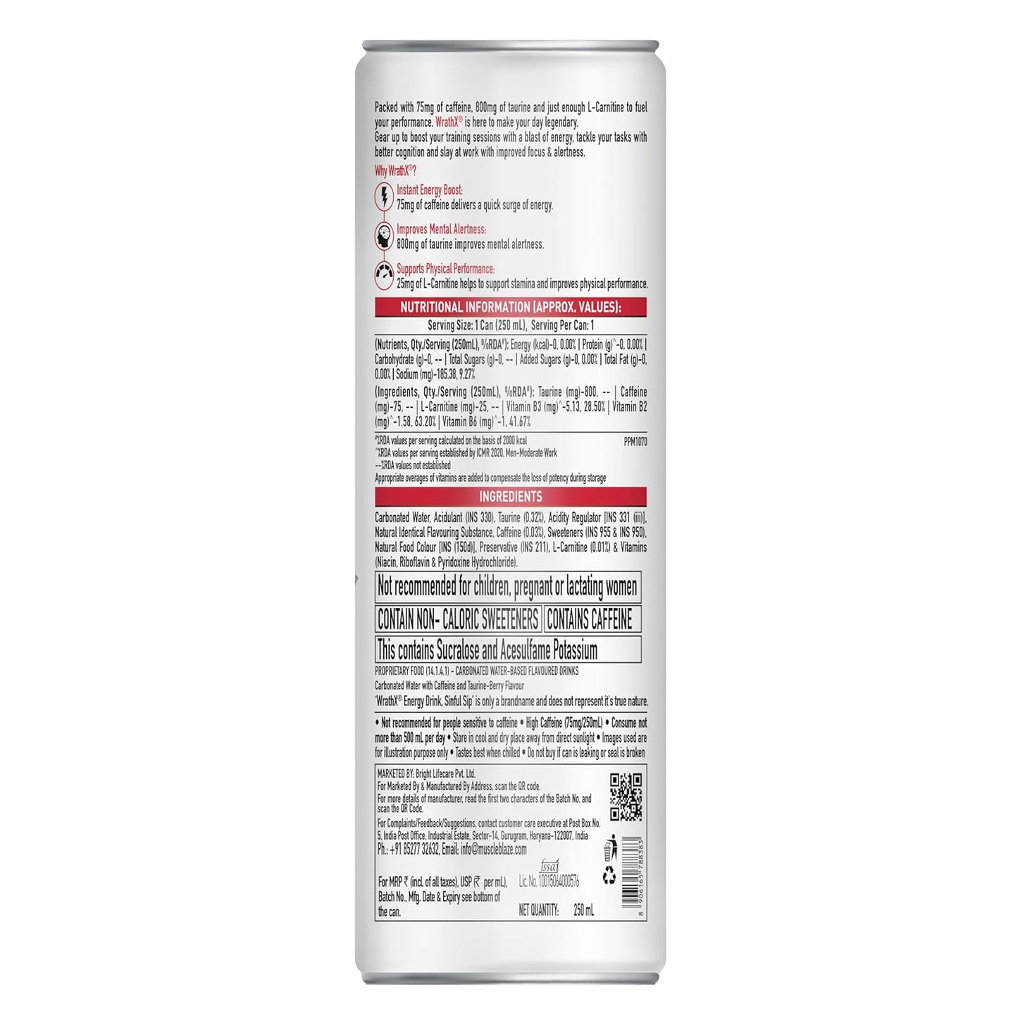 MuscleBlaze WrathX Energy Drink (Mixed Berry, Pack of 6 (250ml*6) | 800mg Taurine, 25mg L-Carnitine, Vitamin B2, B3, B6 | Performance & Focus Booster