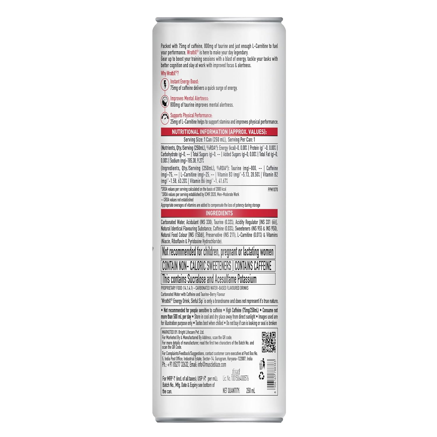 MuscleBlaze WrathX Energy Drink (Mixed Berry, Pack of 6 (250ml*6) | 800mg Taurine, 25mg L-Carnitine, Vitamin B2, B3, B6 | Performance & Focus Booster
