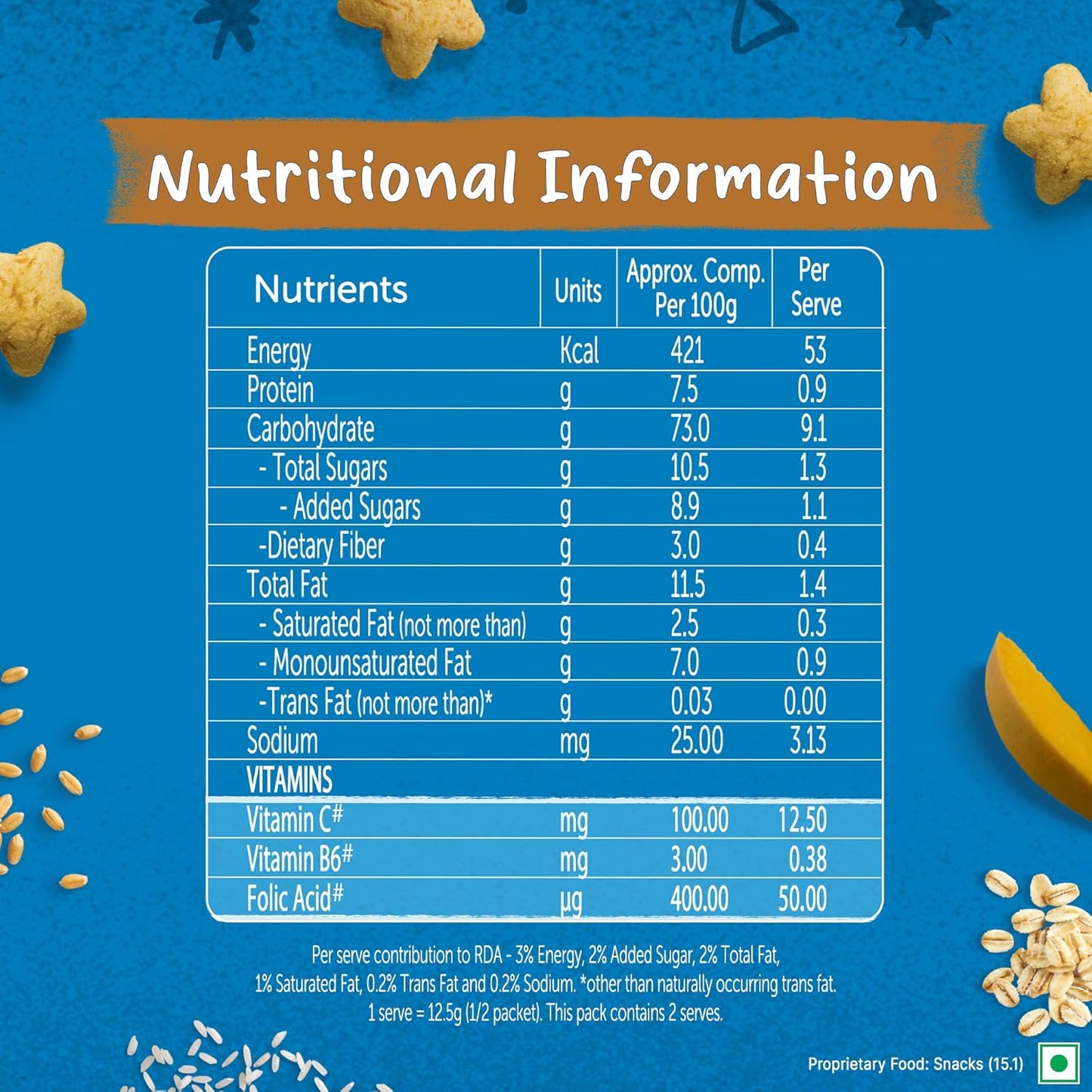 Gerber Snacks Mango Puffs for Kids, Yummy and Nutritious, Made with Multigrain Oats, Wheat & Rice, No Added Colors or Preservatives, Travel Friendly & Ready to Eat Snack For Children, 150g (6X25g)