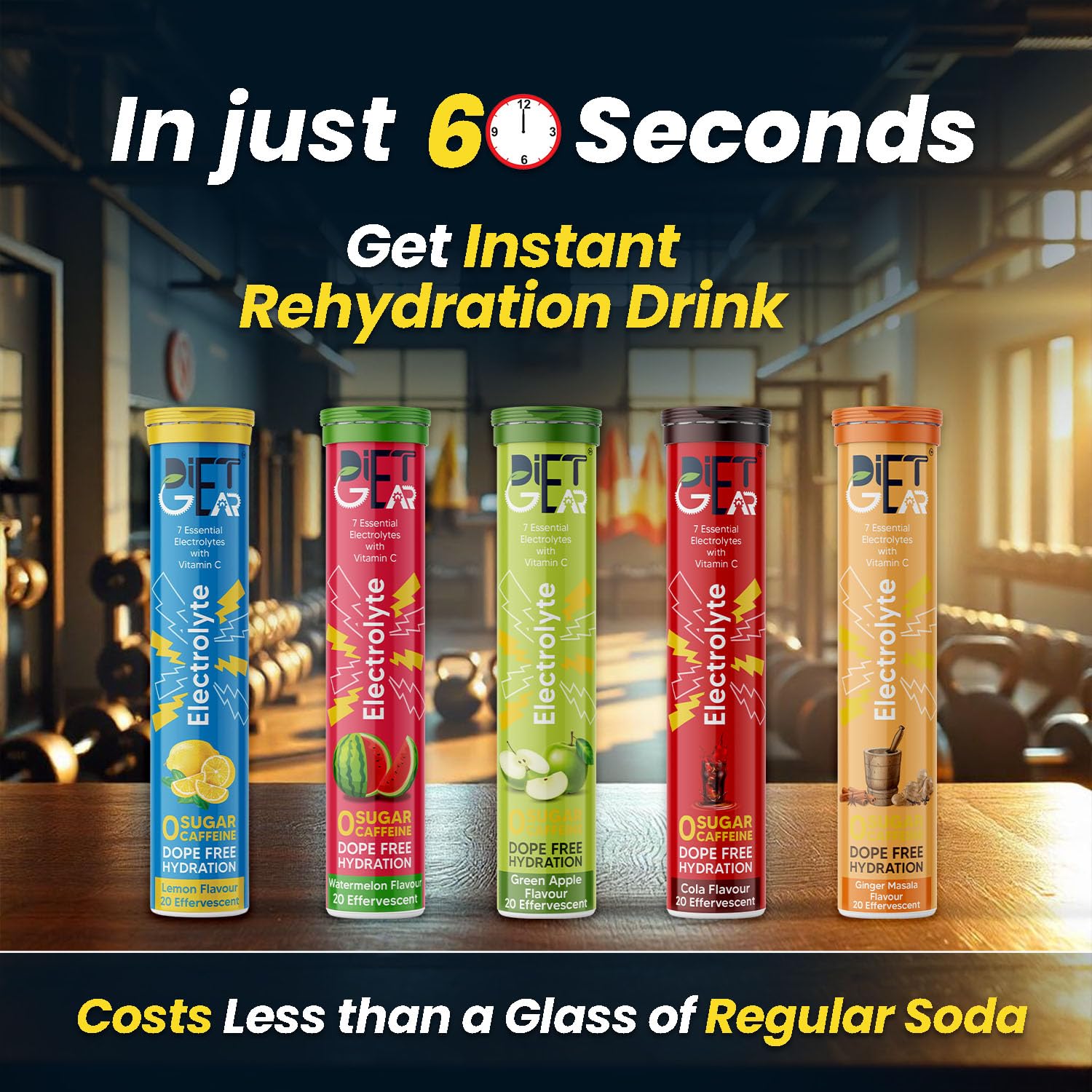 DIET GEAR Energy Drink - 25 litre Zero Sugar, Zero Caffeine Electrolytes 100 Effervescent Servings|added 7 Essential Salts (Na, K, Mg, Ca, Cl, Zn, SO4) + Vitamin C|Combo Flavor, tablet, 5 count