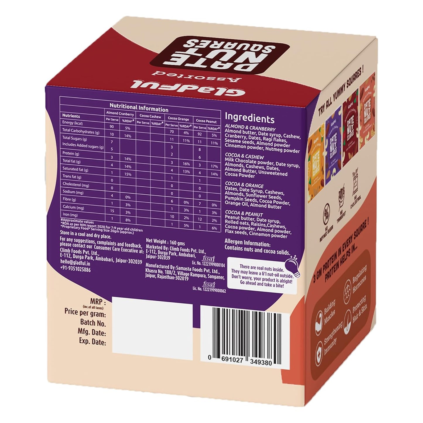 Gladful Assorted Pack Of Date Nut Square - A Healthy, Sugar-Free, Dates And Dry Fruits Based Dessert Bites/ Barfi/Chakki For Kids And Families | High In Protein Source Of Instant Energy (20Gram X 8)
