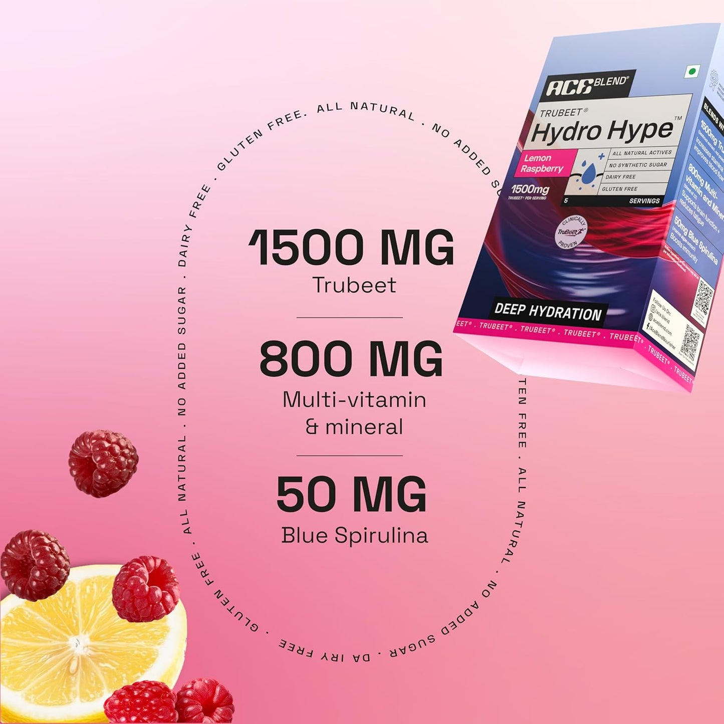 Ace Blend Hydro Hype (5 Sachets) | Boosts Energy & Blood Flow | Instant Hydration | Full-Spectrum Electrolytes | 100% Natural Beetroot Extract Multi Vitamins & Minerals | Lemon Raspberry