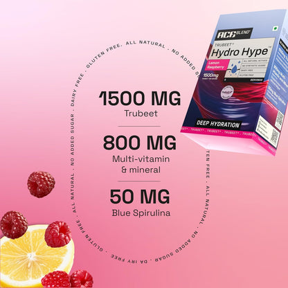 Ace Blend Hydro Hype (5 Sachets) | Boosts Energy & Blood Flow | Instant Hydration | Full-Spectrum Electrolytes | 100% Natural Beetroot Extract Multi Vitamins & Minerals | Lemon Raspberry
