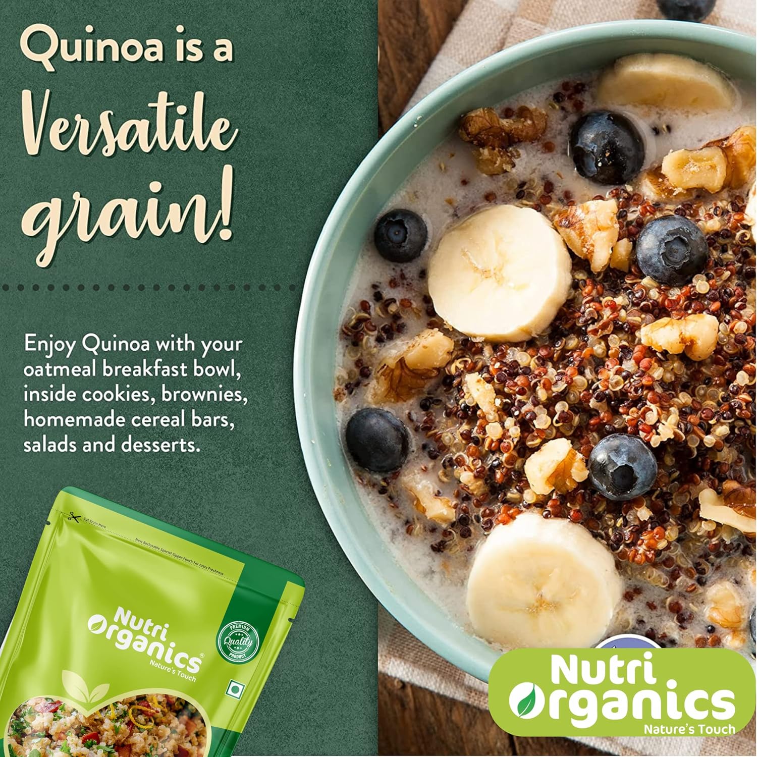 NutriOrganics Premium Quinoa 1kg - Gluten Free Quinoa, Healthy Breakfast, Diet Food for Weight Management