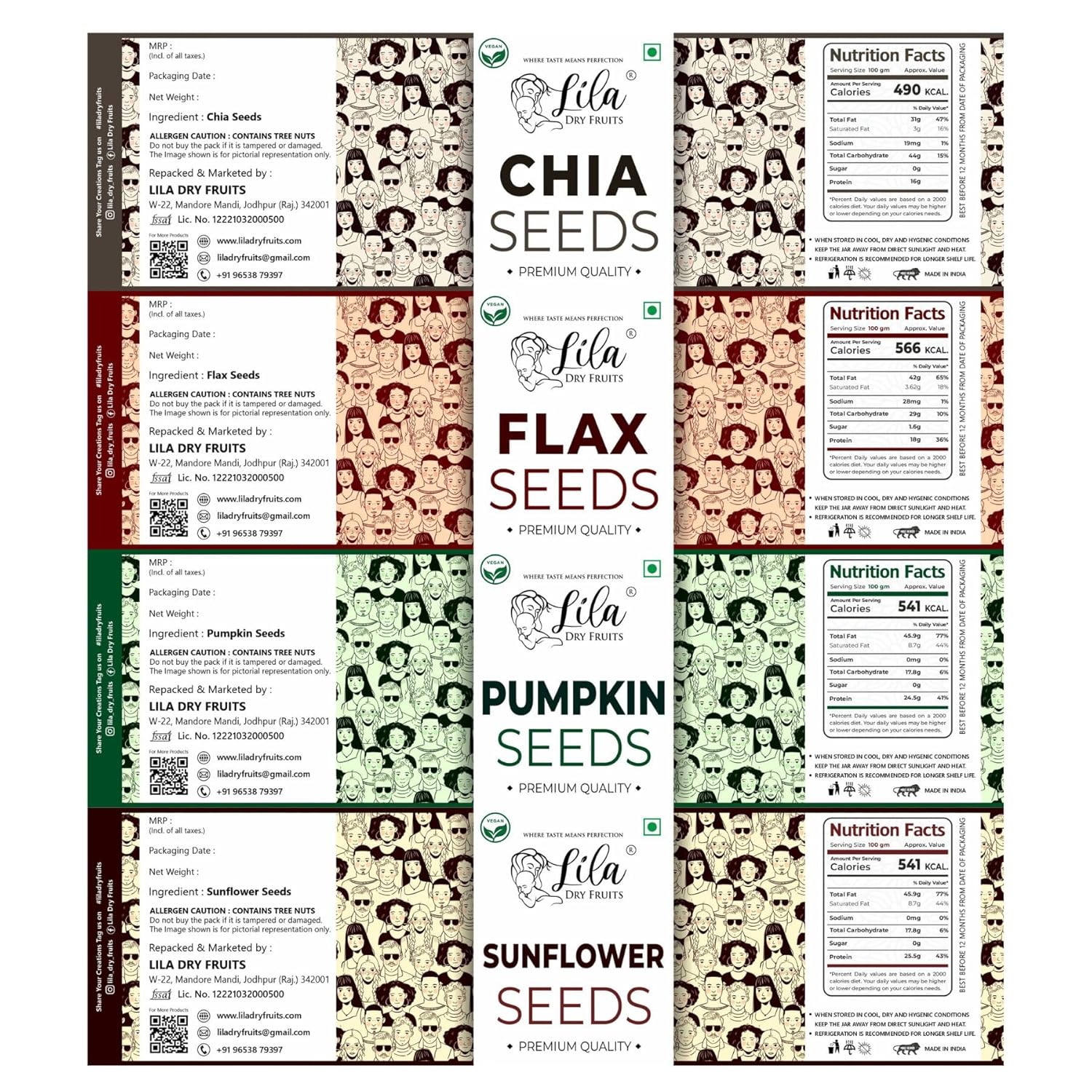 LILA DRY FRUITS 4 Superseed Combo (Chia, Pumpkin, Sunflower & Flax) 250gms each (1kg total) Jar Pack |Immunity combo for Weight Loss | Mix Seeds for Eating | Diet Snacks | Superfood